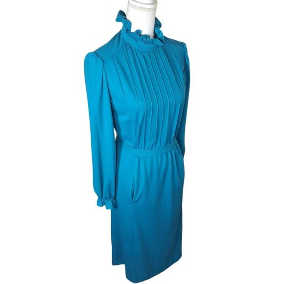 JCPenney Fashions Blue Dress Long Ruffle High Neck Pockets Tie Vintage Womens 14 - Picture 16 of 16